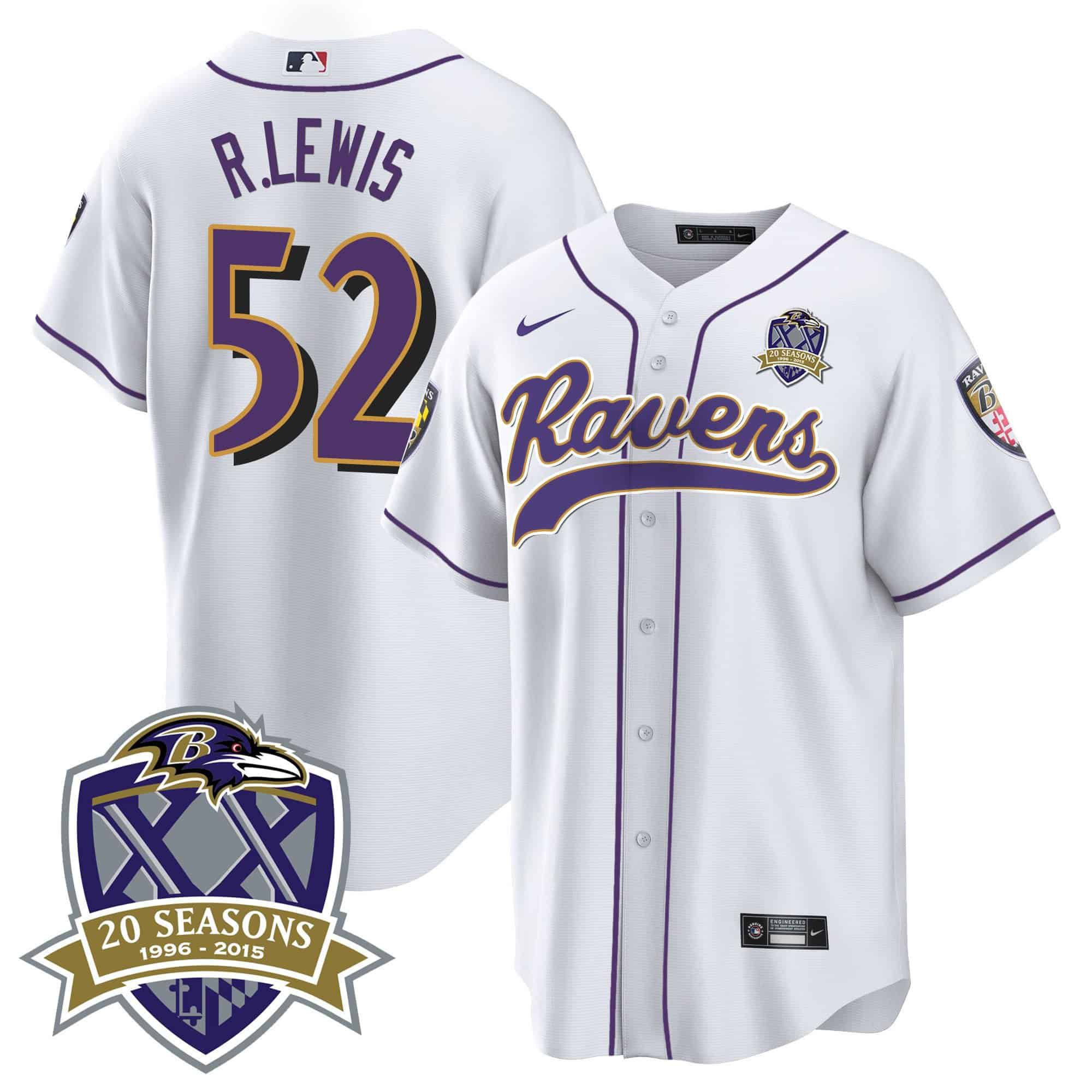 Men Baltimore Ravens 52 R.Lewis White 2024 Nike 20th Season Patch Baseball NFL Jersey